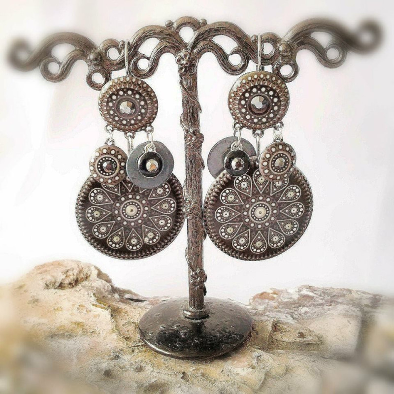 Boucles d'oreille Emaux Rosasse Noir   Gris