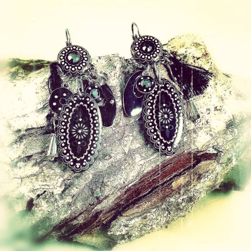 Boucles d'oreille Emaux  Strass Noir   Gris