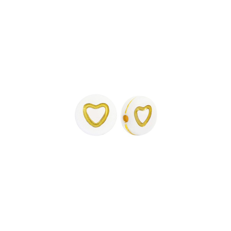 Perles lettres acryliques coeurs Blanc-doré 7mm